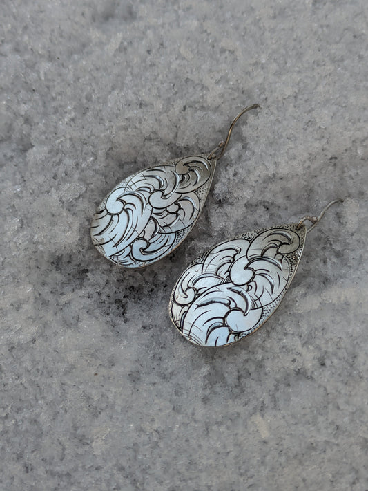 Sterling silver teardrop earrings with western hand engraving